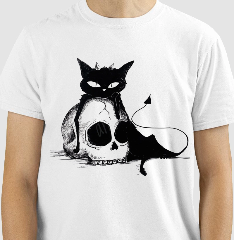 Tired cat lying on skull