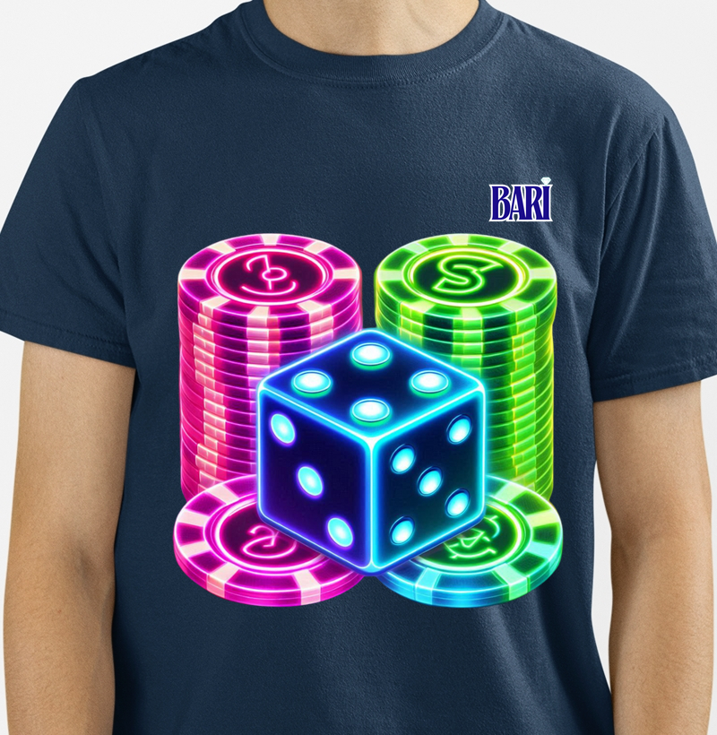 Camiseta com Estampa de Dado e Fichas em Neon
