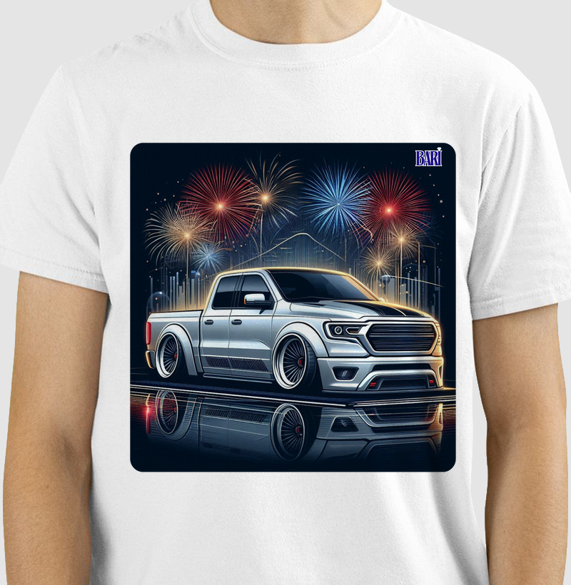 Camiseta com Estampa de Pick-up com Fogos de Artifício