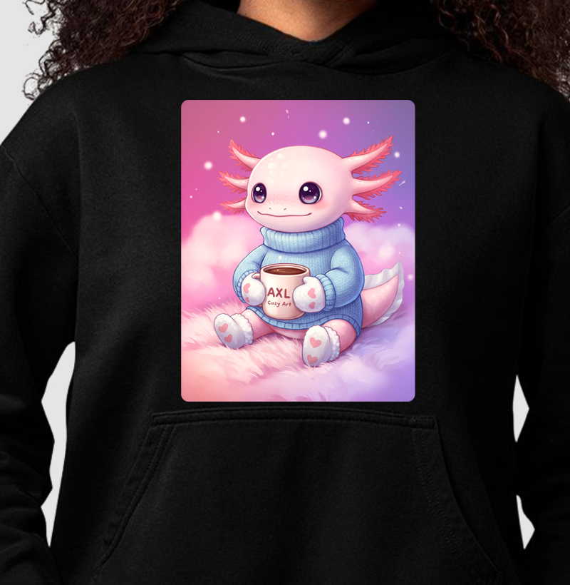 Hoodie Moletom  - AXL, Axolote Kawaii tomando chocolate quente (02)
