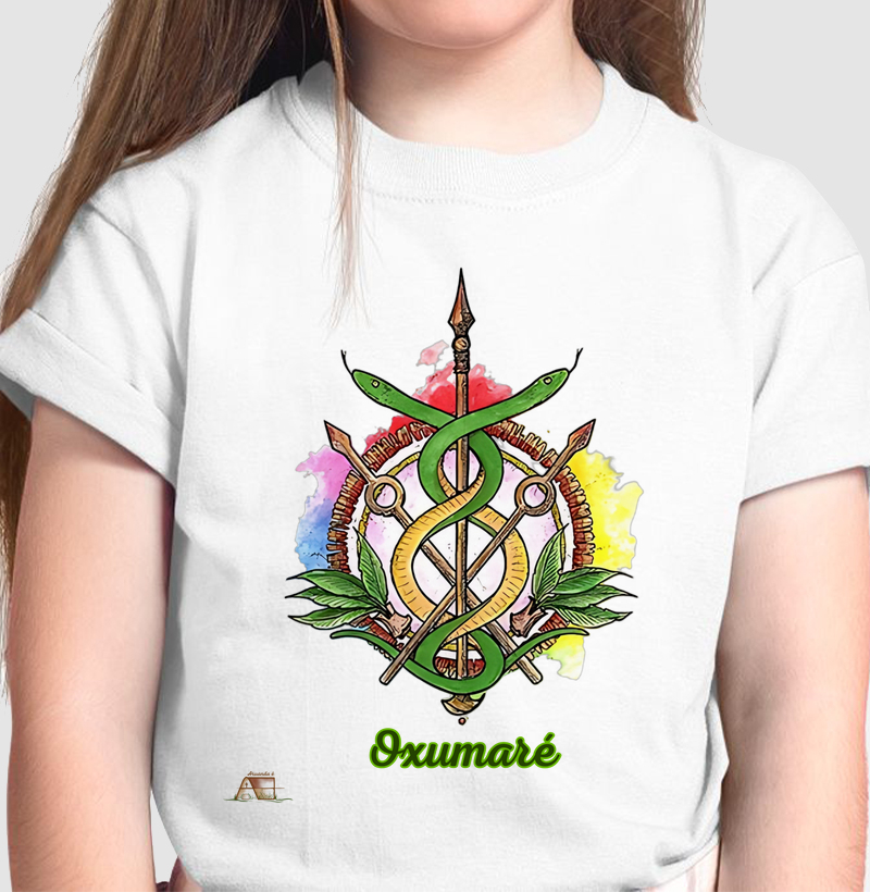 Camiseta Infantil Aruanda ê Brasão de Oxumaré Renovação e Movimento em 100% Algodão