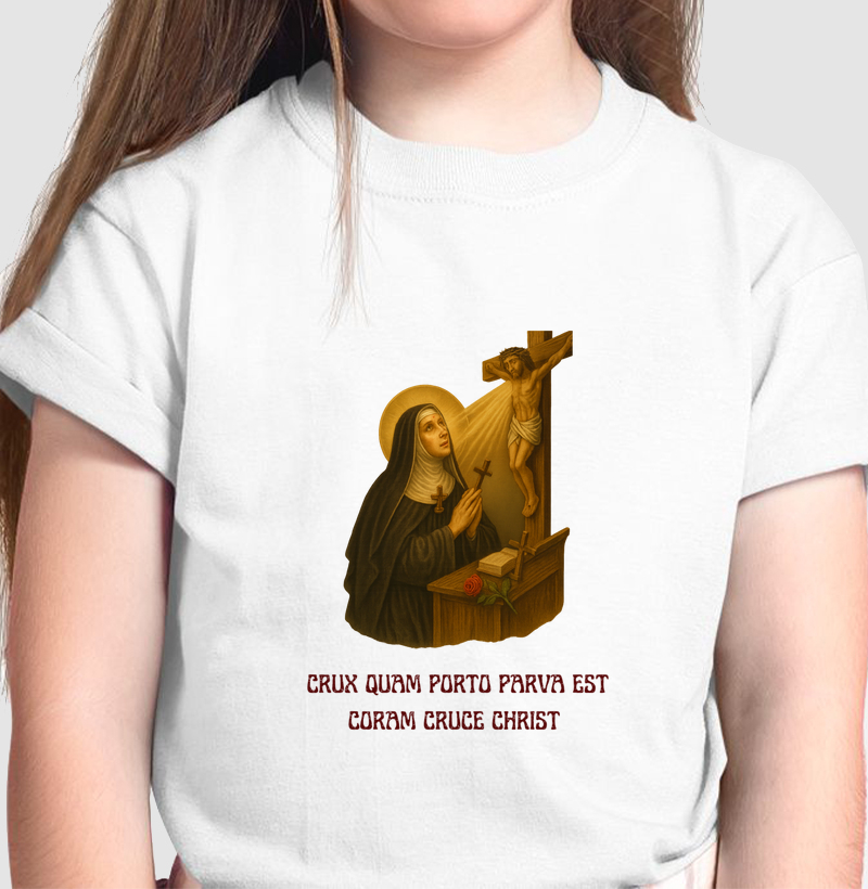 Camiseta Infantil Crux Quam Porto Parva Est Coram Cruce Christ