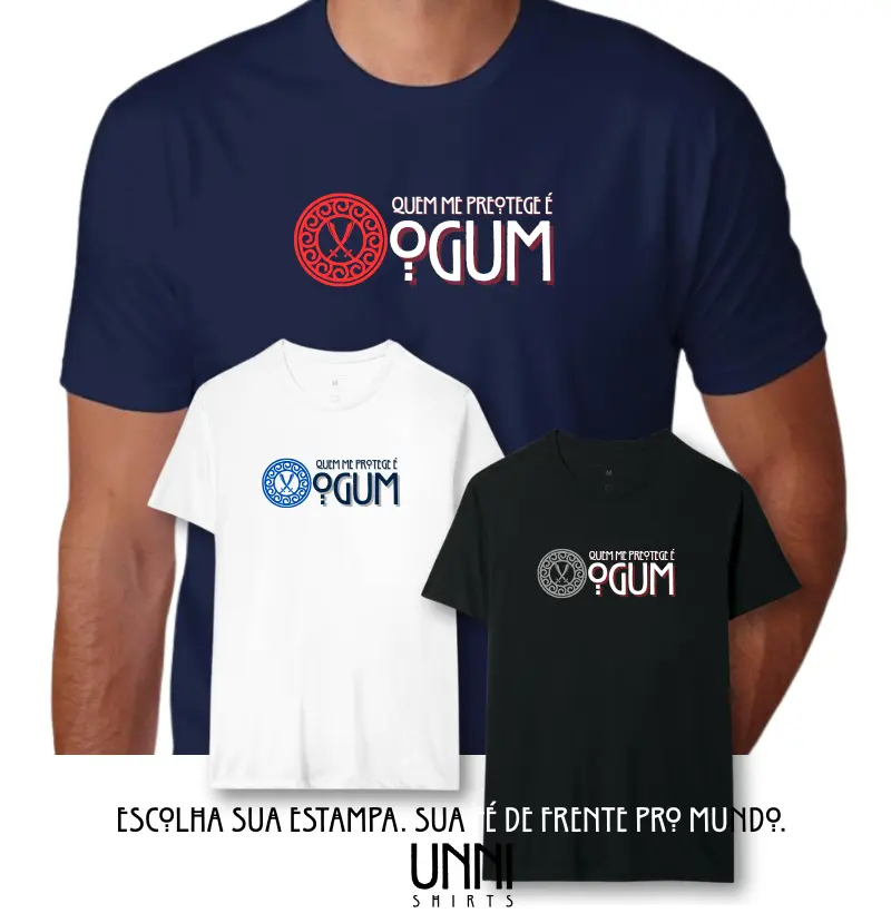 Camiseta Quem me Protege é Ogum Sombreada Azul Marinho Masc.