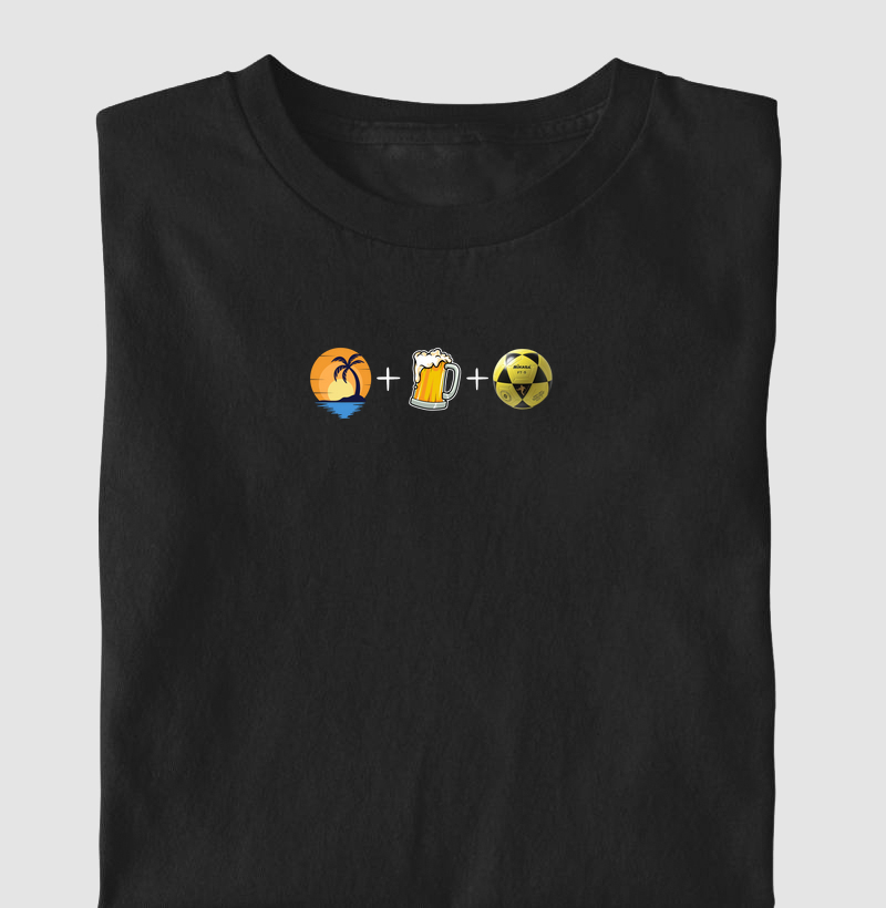 Camiseta praia, cerveja e futevôlei