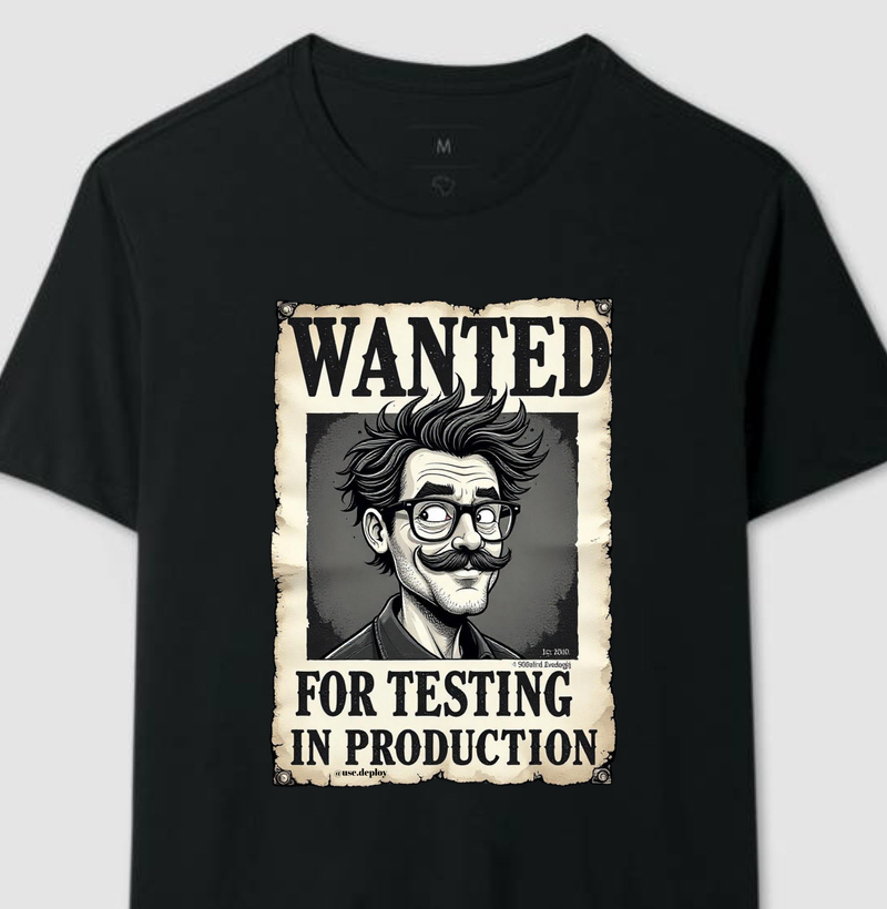 Camiseta Wanted – For Testing in Production